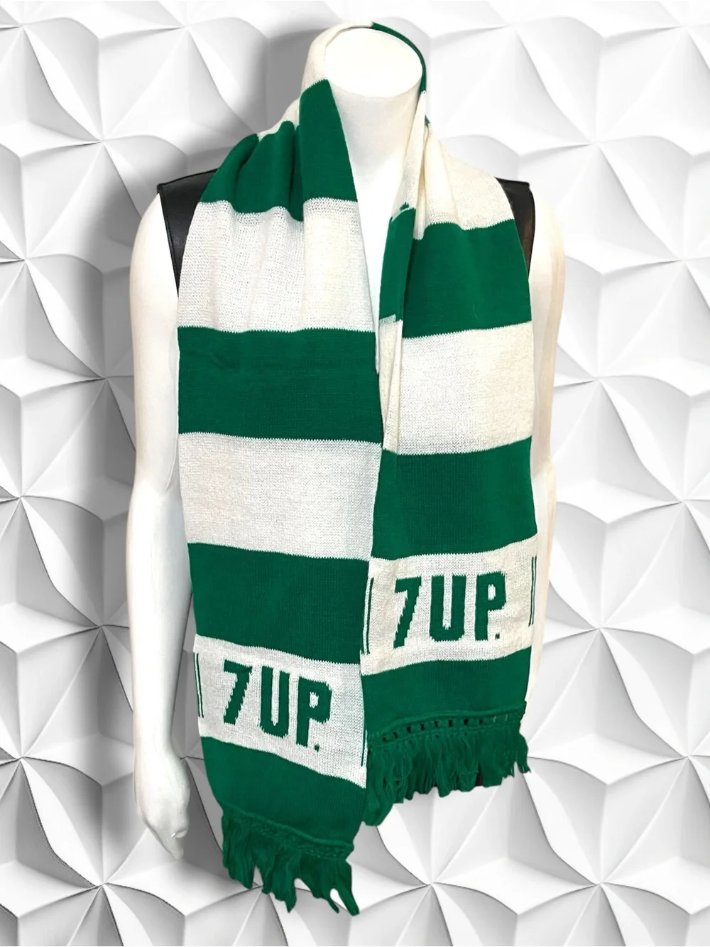 Vintage 7-Up Striped Knit Scarf Green White Fringed Retro 70s 80s Soda Promo